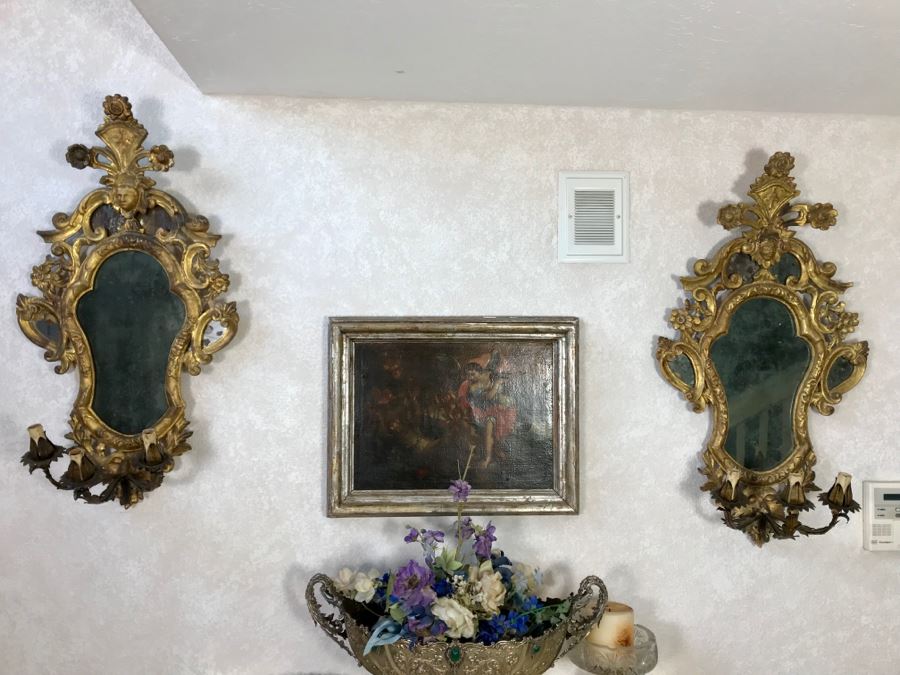 Pair Of Antique Rococo Gilded Italian Wall Mirror Candle Sconces Carved Wooden 20W X 35H - See Photos [Photo 1]