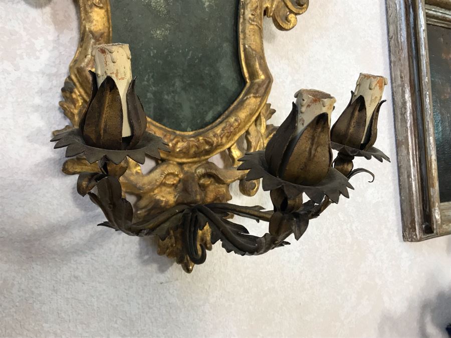 Pair Of Antique Rococo Gilded Italian Wall Mirror Candle Sconces Carved Wooden 20W X 35H - See Photos [Photo 6]