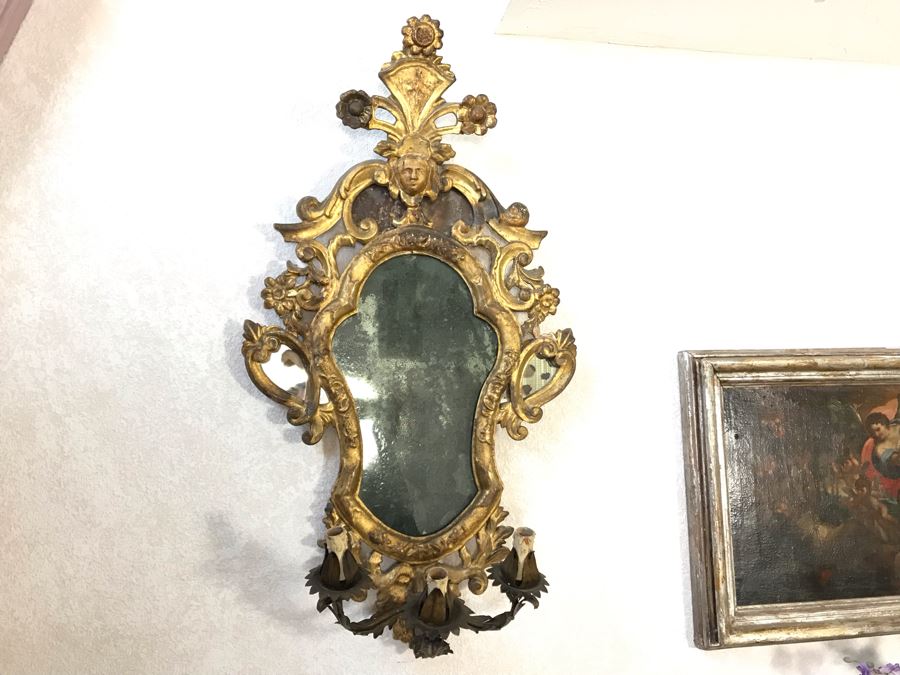 Pair Of Antique Rococo Gilded Italian Wall Mirror Candle Sconces Carved Wooden 20W X 35H - See Photos [Photo 3]