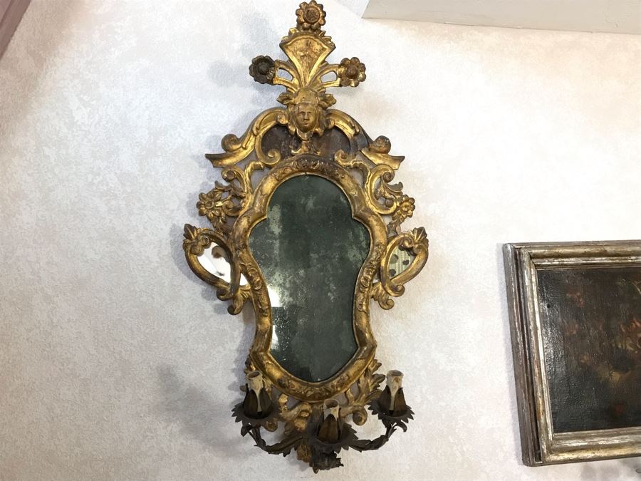 Pair Of Antique Rococo Gilded Italian Wall Mirror Candle Sconces Carved Wooden 20W X 35H - See Photos [Photo 5]