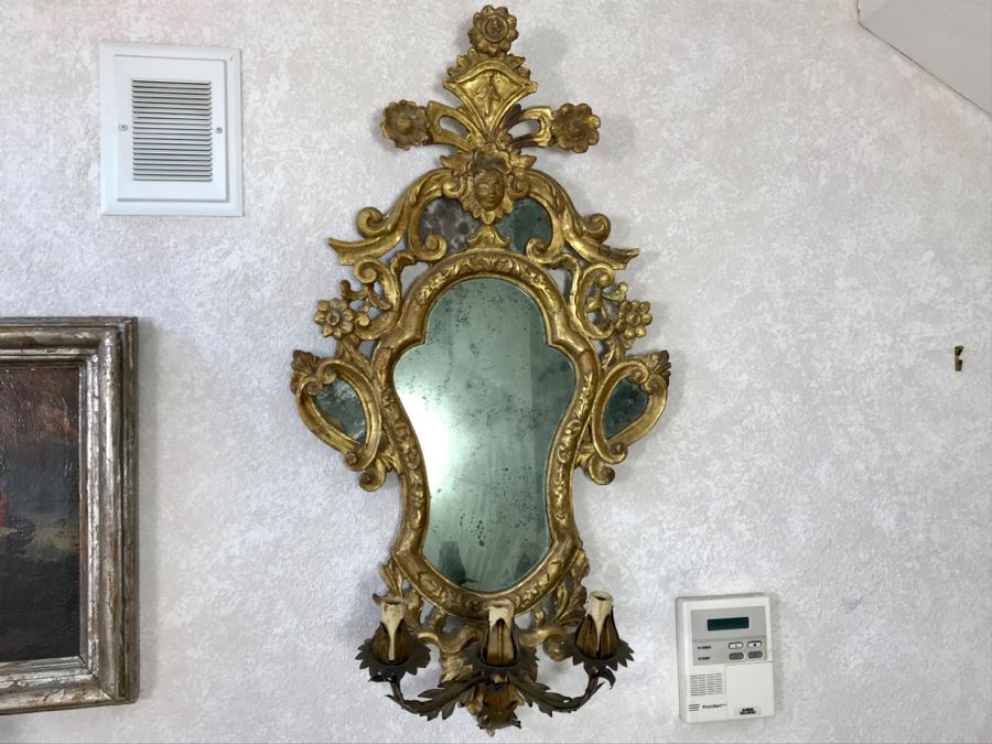 Pair Of Antique Rococo Gilded Italian Wall Mirror Candle Sconces Carved Wooden 20W X 35H - See Photos [Photo 11]