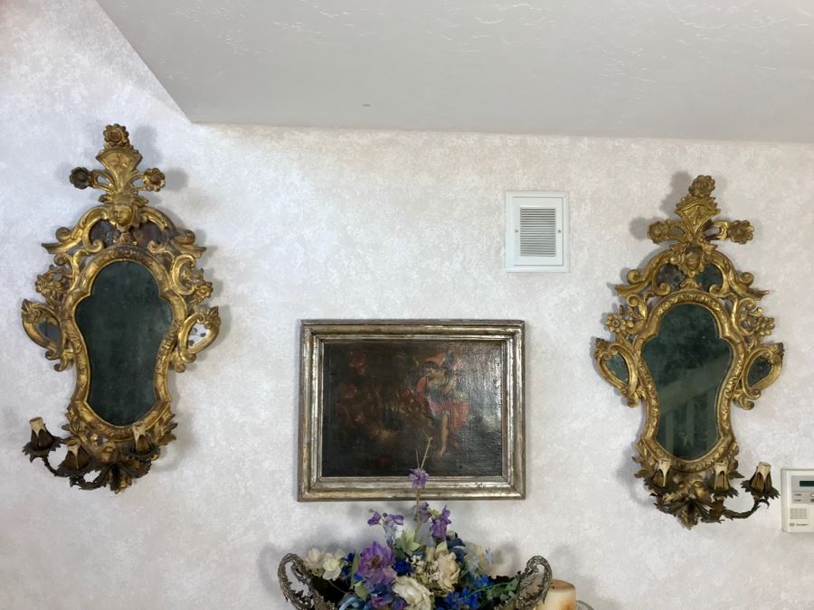 Pair Of Antique Rococo Gilded Italian Wall Mirror Candle Sconces Carved Wooden 20W X 35H - See Photos [Photo 2]
