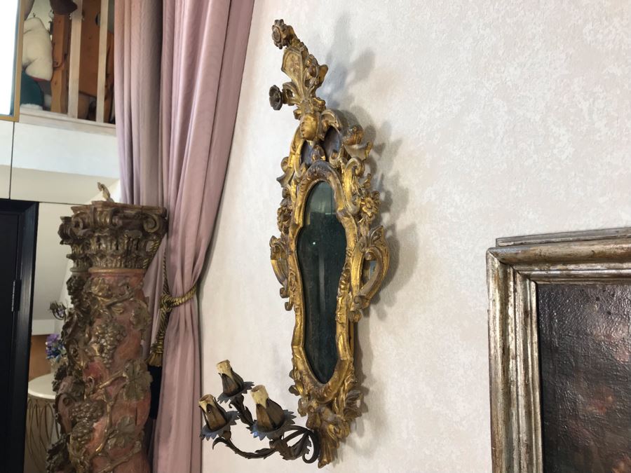 Pair Of Antique Rococo Gilded Italian Wall Mirror Candle Sconces Carved Wooden 20W X 35H - See Photos [Photo 21]