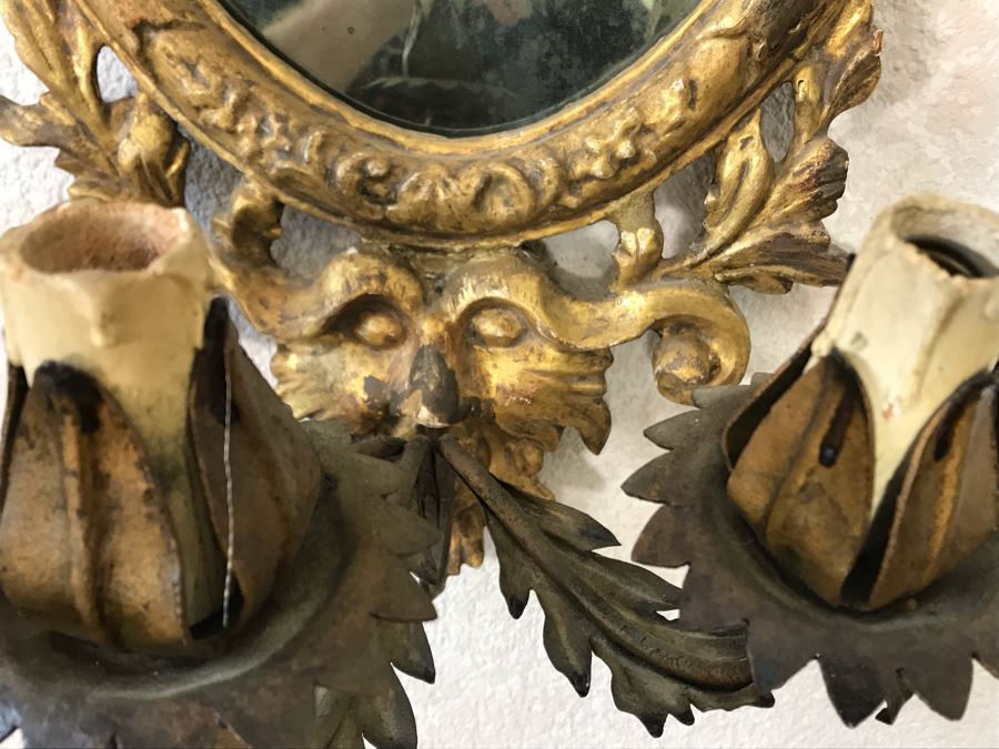 Pair Of Antique Rococo Gilded Italian Wall Mirror Candle Sconces Carved Wooden 20W X 35H - See Photos [Photo 14]