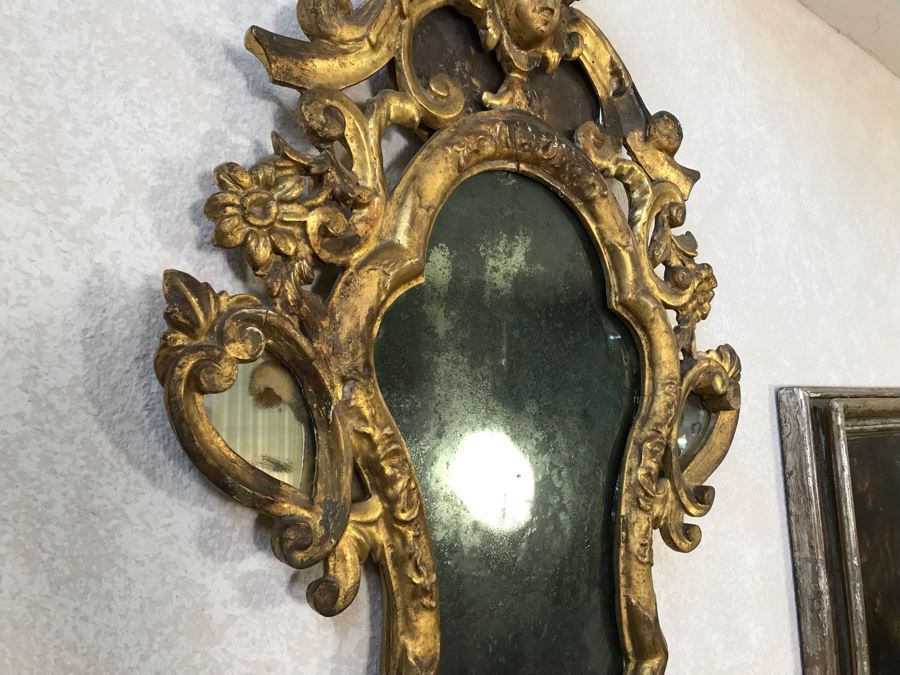 Pair Of Antique Rococo Gilded Italian Wall Mirror Candle Sconces Carved Wooden 20W X 35H - See Photos [Photo 10]
