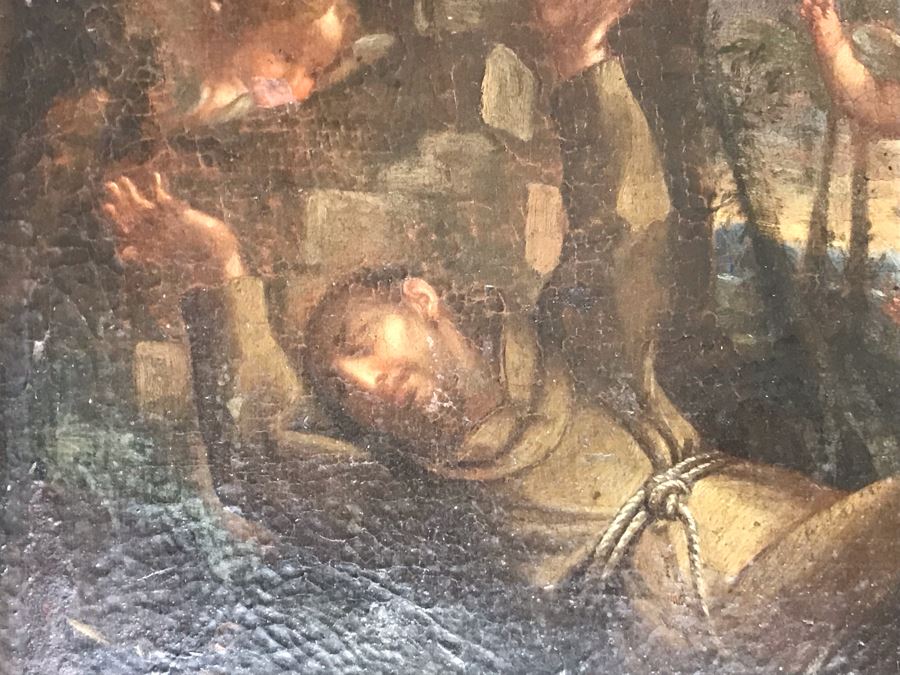 Antique Original Italian Oil Painting Of Descending Angels Surrounding Monk 19 X 14 [Photo 30]