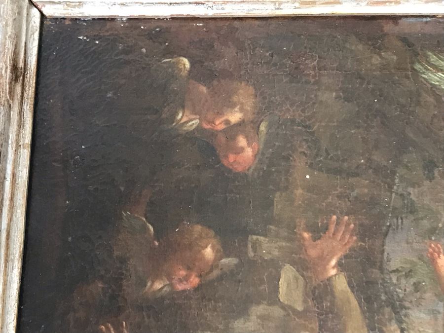 Antique Original Italian Oil Painting Of Descending Angels Surrounding Monk 19 X 14 [Photo 10]