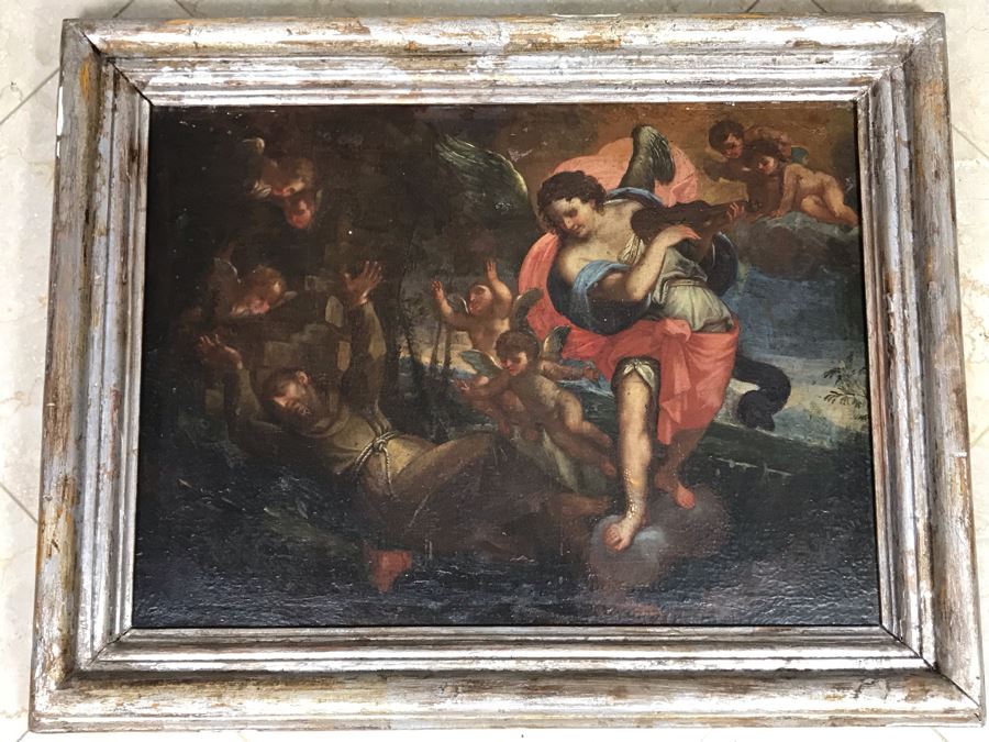 Antique Original Italian Oil Painting Of Descending Angels Surrounding Monk 19 X 14 [Photo 3]