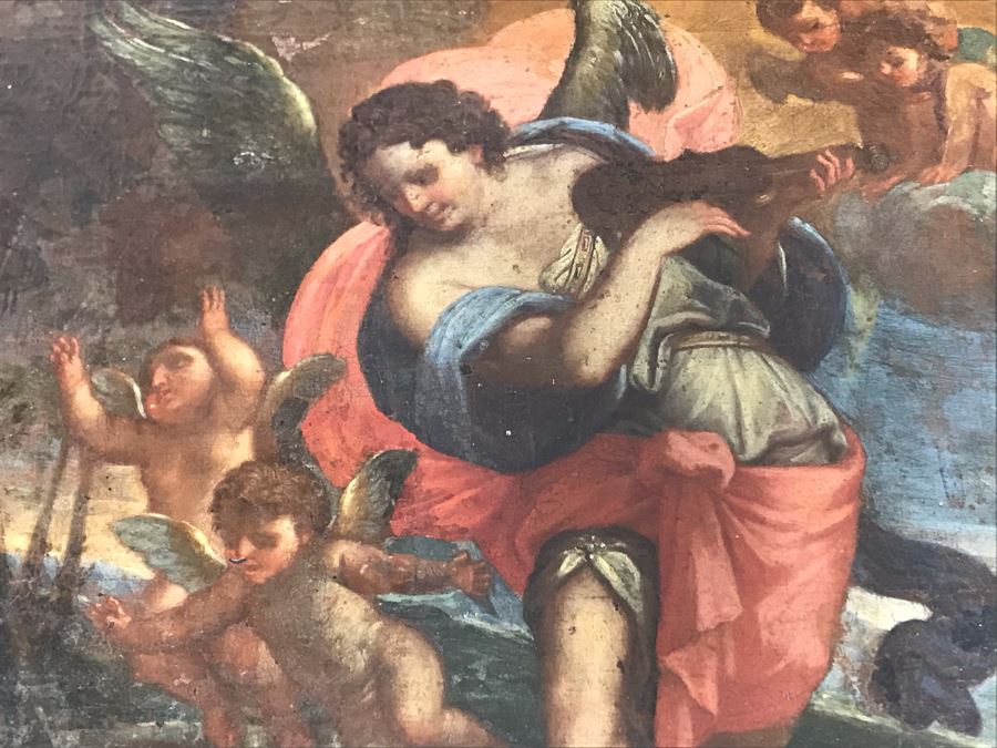 Antique Original Italian Oil Painting Of Descending Angels Surrounding Monk 19 X 14 [Photo 27]