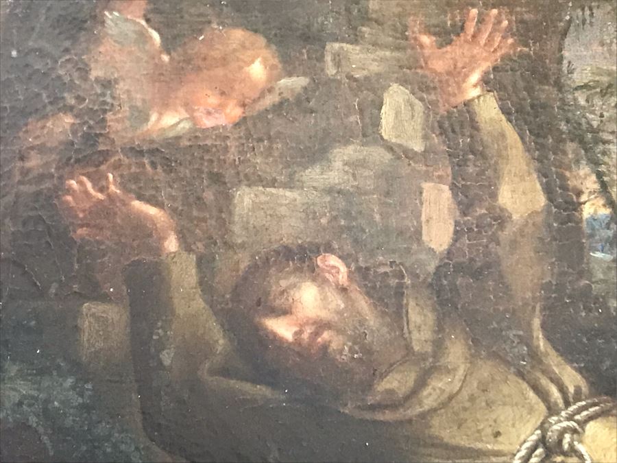 Antique Original Italian Oil Painting Of Descending Angels Surrounding Monk 19 X 14 [Photo 8]