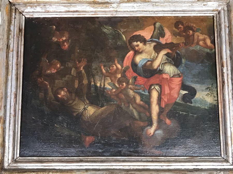 Antique Original Italian Oil Painting Of Descending Angels Surrounding Monk 19 X 14 [Photo 1]