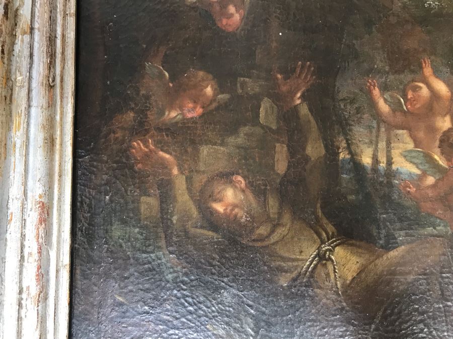 Antique Original Italian Oil Painting Of Descending Angels Surrounding Monk 19 X 14 [Photo 28]