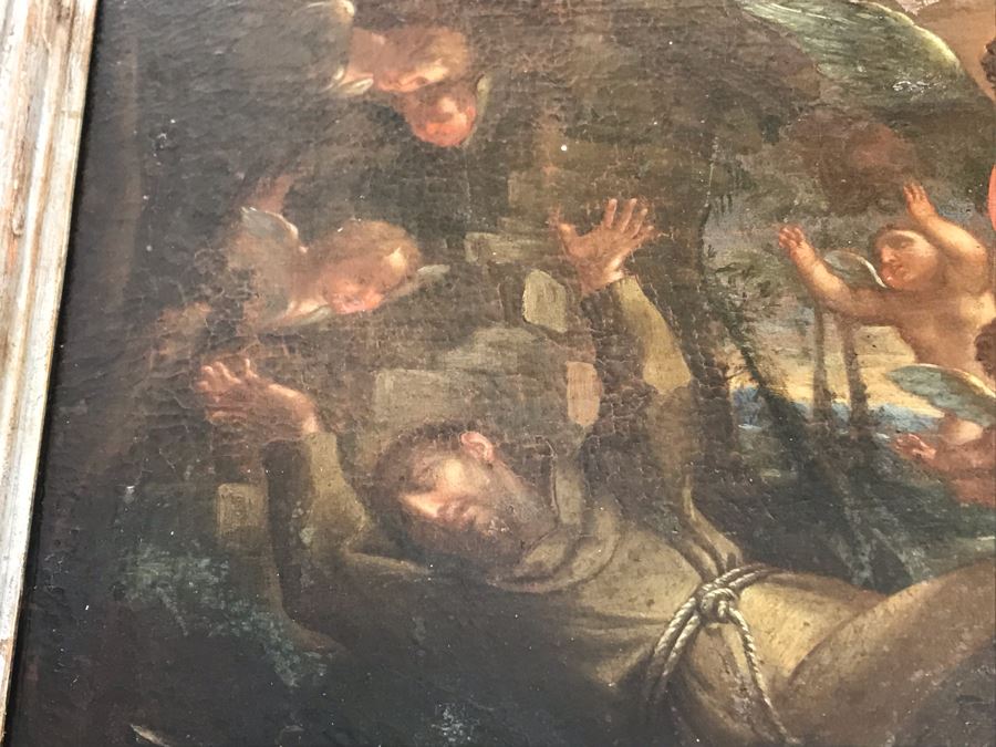 Antique Original Italian Oil Painting Of Descending Angels Surrounding Monk 19 X 14 [Photo 6]