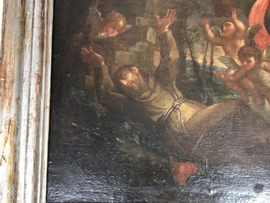 Antique Original Italian Oil Painting Of Descending Angels Surrounding Monk 19 X 14 [Photo 5]