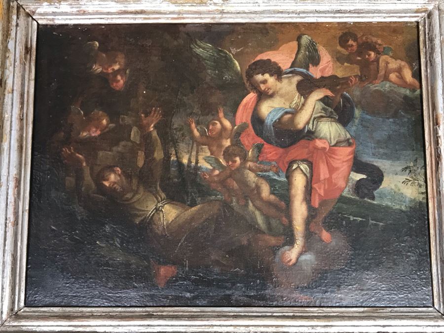 Antique Original Italian Oil Painting Of Descending Angels Surrounding Monk 19 X 14 [Photo 4]