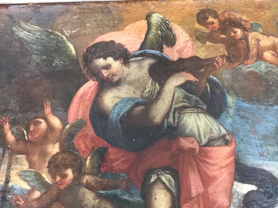 Antique Original Italian Oil Painting Of Descending Angels Surrounding Monk 19 X 14 [Photo 13]