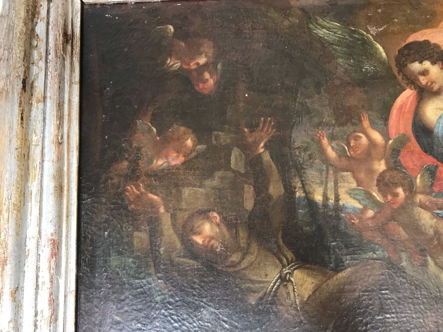 Antique Original Italian Oil Painting Of Descending Angels Surrounding Monk 19 X 14 [Photo 29]