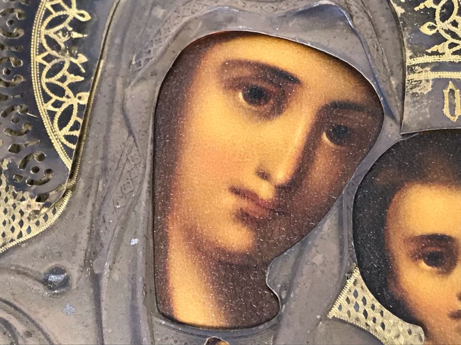 Antique Russian Orthodox Icon Of Virgin Mary With Jesus Handpainted Icon In Metal Riza Oklad 7 X 9 [Photo 18]