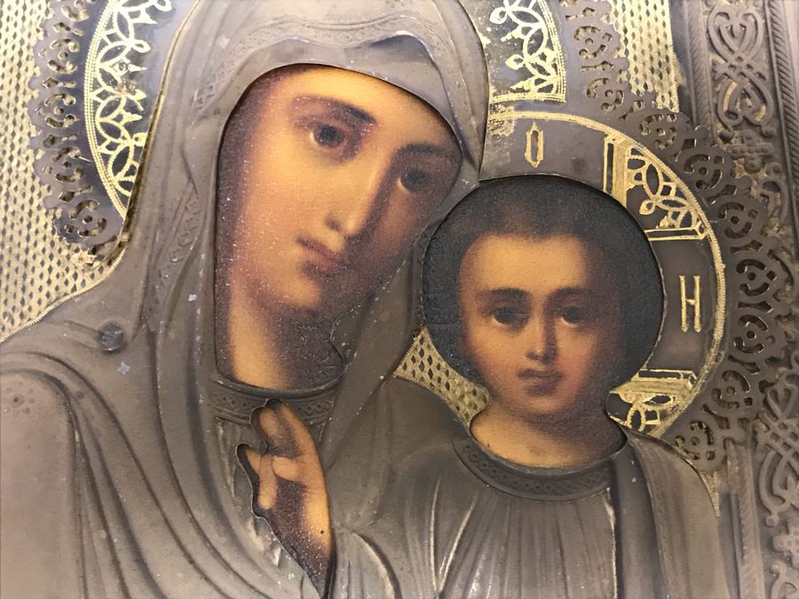 Antique Russian Orthodox Icon Of Virgin Mary With Jesus Handpainted Icon In Metal Riza Oklad 7 X 9 [Photo 5]
