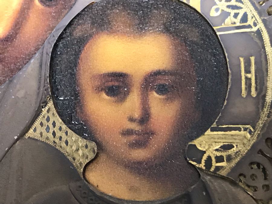 Antique Russian Orthodox Icon Of Virgin Mary With Jesus Handpainted Icon In Metal Riza Oklad 7 X 9 [Photo 16]