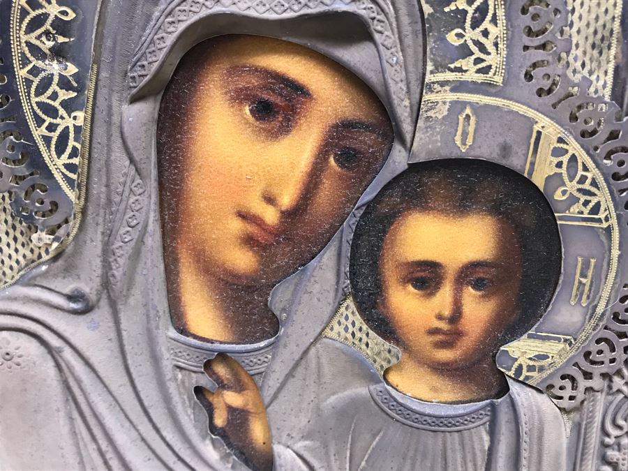 Antique Russian Orthodox Icon Of Virgin Mary With Jesus Handpainted Icon In Metal Riza Oklad 7 X 9 [Photo 27]