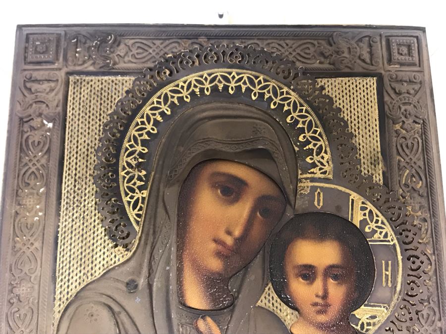 Antique Russian Orthodox Icon Of Virgin Mary With Jesus Handpainted Icon In Metal Riza Oklad 7 X 9 [Photo 6]