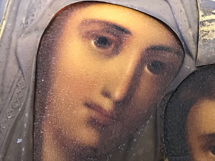 Antique Russian Orthodox Icon Of Virgin Mary With Jesus Handpainted Icon In Metal Riza Oklad 7 X 9 [Photo 15]