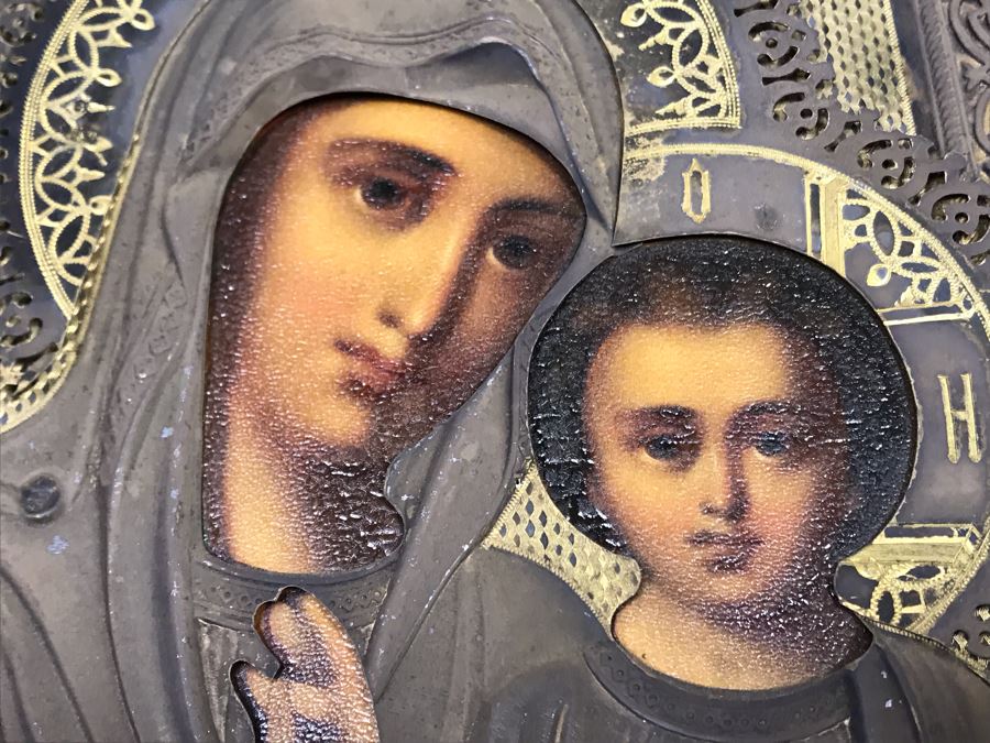Antique Russian Orthodox Icon Of Virgin Mary With Jesus Handpainted Icon In Metal Riza Oklad 7 X 9 [Photo 13]