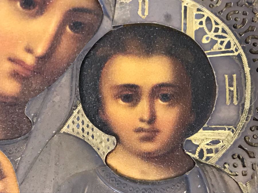Antique Russian Orthodox Icon Of Virgin Mary With Jesus Handpainted Icon In Metal Riza Oklad 7 X 9 [Photo 17]