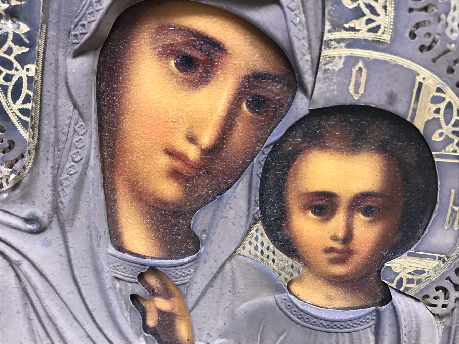 Antique Russian Orthodox Icon Of Virgin Mary With Jesus Handpainted Icon In Metal Riza Oklad 7 X 9 [Photo 28]