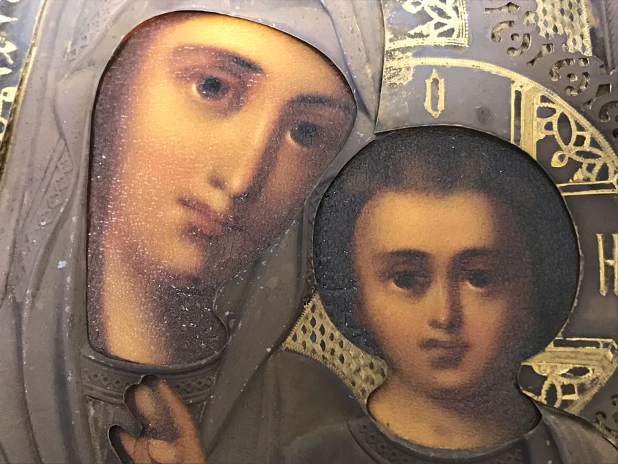 Antique Russian Orthodox Icon Of Virgin Mary With Jesus Handpainted Icon In Metal Riza Oklad 7 X 9 [Photo 14]
