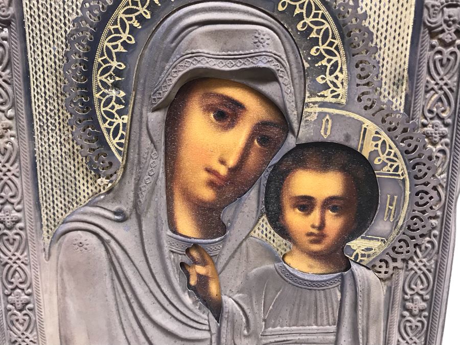 Antique Russian Orthodox Icon Of Virgin Mary With Jesus Handpainted Icon In Metal Riza Oklad 7 X 9 [Photo 26]