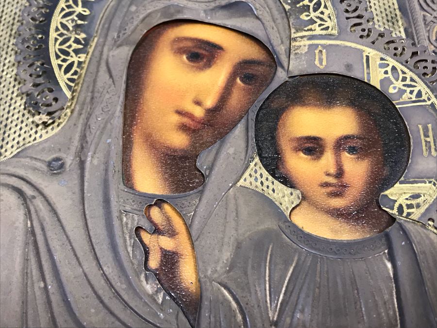 Antique Russian Orthodox Icon Of Virgin Mary With Jesus Handpainted Icon In Metal Riza Oklad 7 X 9 [Photo 12]