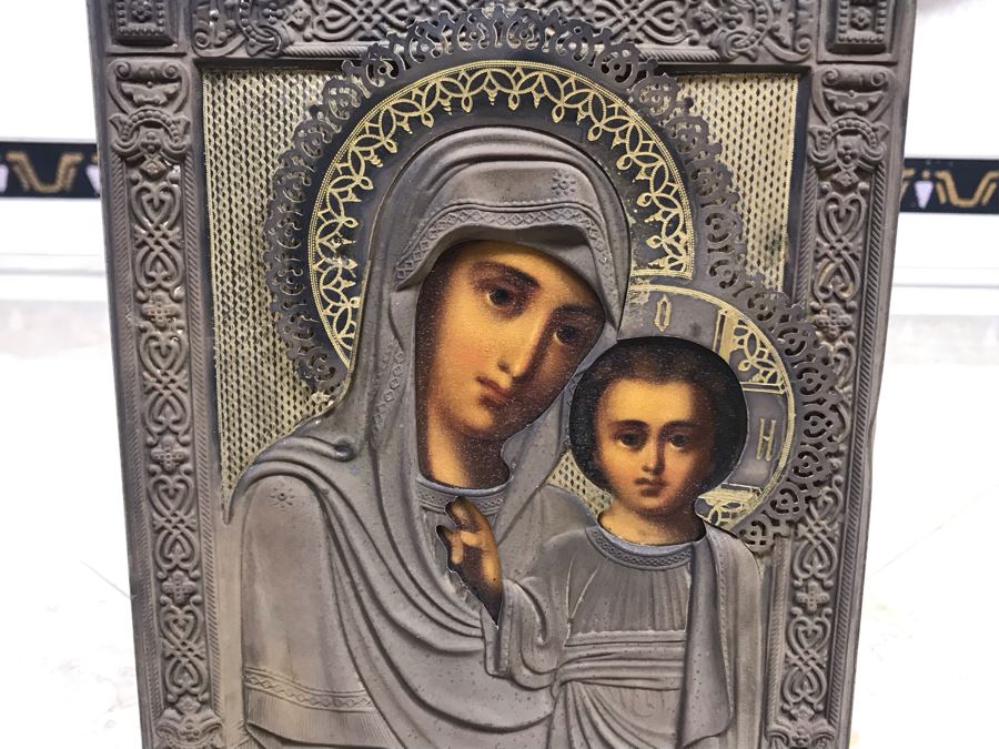 Antique Russian Orthodox Icon Of Virgin Mary With Jesus Handpainted Icon In Metal Riza Oklad 7 X 9 [Photo 25]