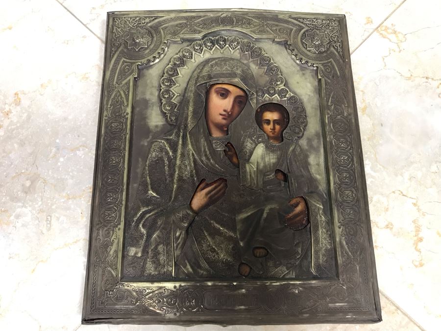 Antique Russian Orthodox Icon Of Virgin Mary With Jesus Handpainted Icon In Metal Riza Oklad 9 X 10.5 [Photo 3]