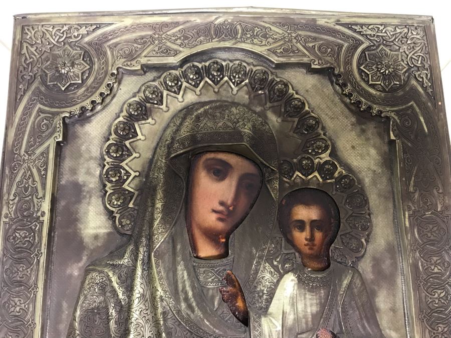Antique Russian Orthodox Icon Of Virgin Mary With Jesus Handpainted Icon In Metal Riza Oklad 9 X 10.5 [Photo 8]