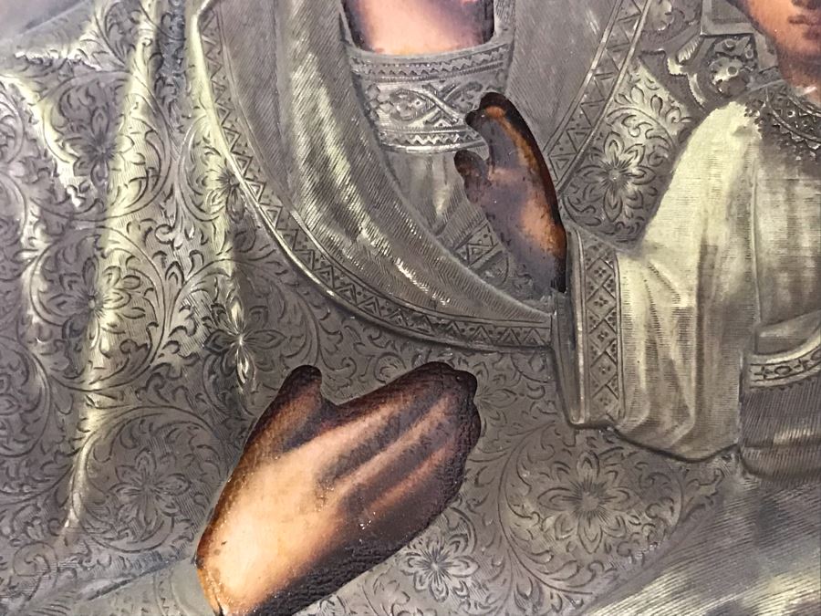 Antique Russian Orthodox Icon Of Virgin Mary With Jesus Handpainted Icon In Metal Riza Oklad 9 X 10.5 [Photo 15]