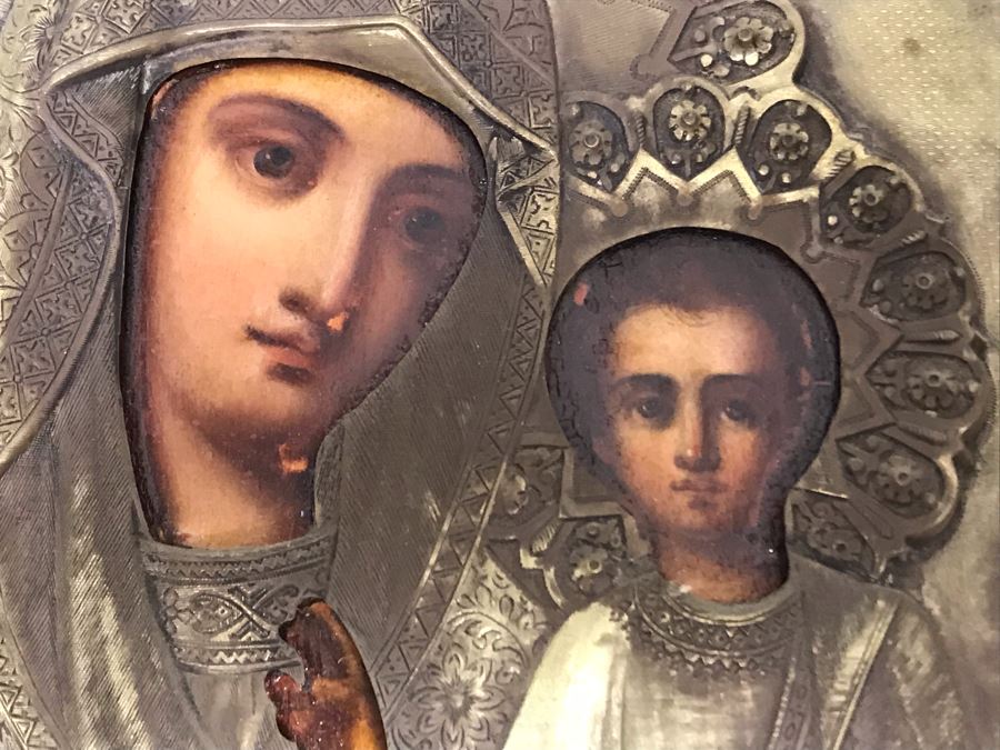 Antique Russian Orthodox Icon Of Virgin Mary With Jesus Handpainted Icon In Metal Riza Oklad 9 X 10.5 [Photo 16]