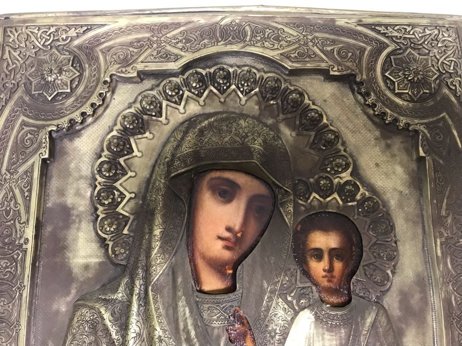 Antique Russian Orthodox Icon Of Virgin Mary With Jesus Handpainted Icon In Metal Riza Oklad 9 X 10.5 [Photo 9]