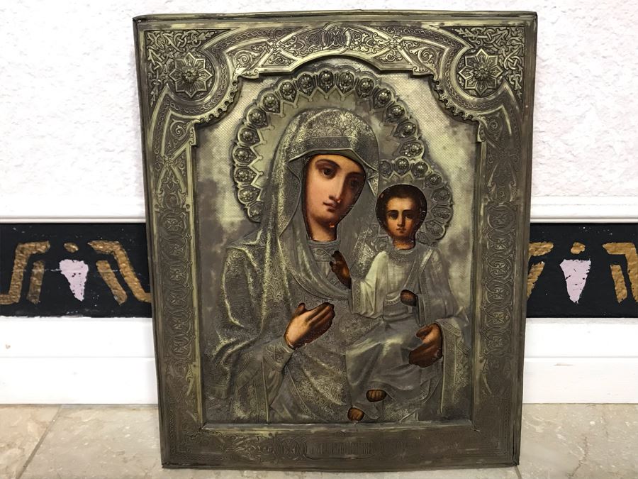Antique Russian Orthodox Icon Of Virgin Mary With Jesus Handpainted Icon In Metal Riza Oklad 9 X 10.5 [Photo 22]