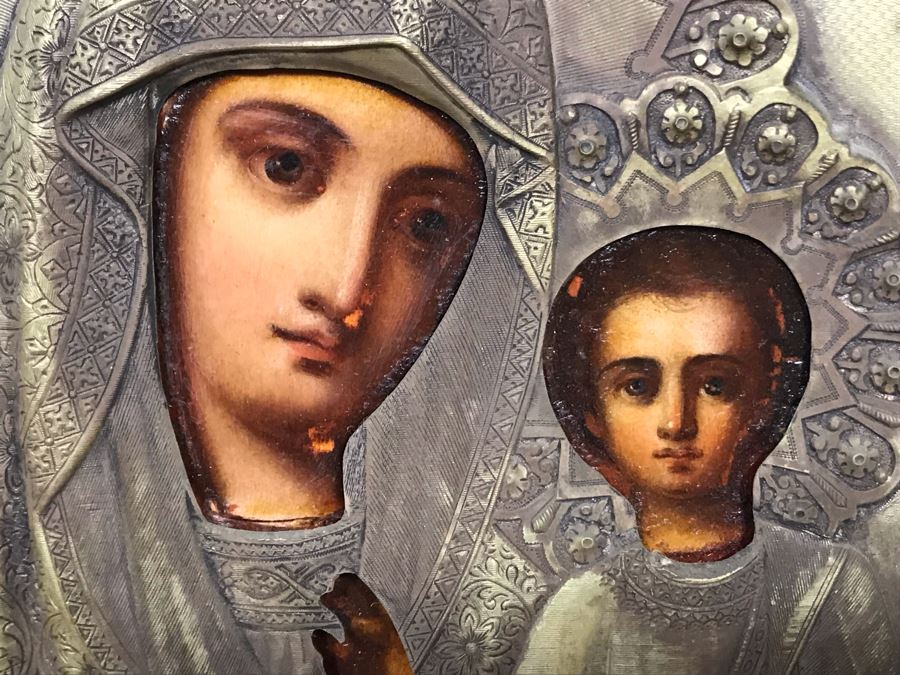Antique Russian Orthodox Icon Of Virgin Mary With Jesus Handpainted Icon In Metal Riza Oklad 9 X 10.5 [Photo 25]