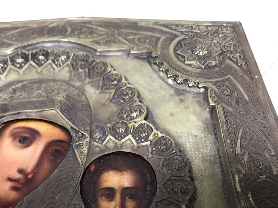 Antique Russian Orthodox Icon Of Virgin Mary With Jesus Handpainted Icon In Metal Riza Oklad 9 X 10.5 [Photo 21]