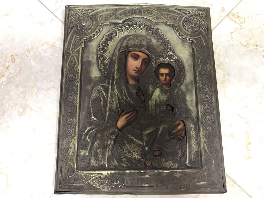 Antique Russian Orthodox Icon Of Virgin Mary With Jesus Handpainted Icon In Metal Riza Oklad 9 X 10.5 [Photo 5]