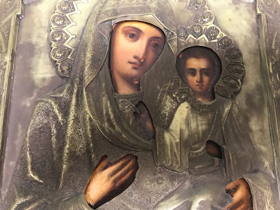 Antique Russian Orthodox Icon Of Virgin Mary With Jesus Handpainted Icon In Metal Riza Oklad 9 X 10.5 [Photo 10]