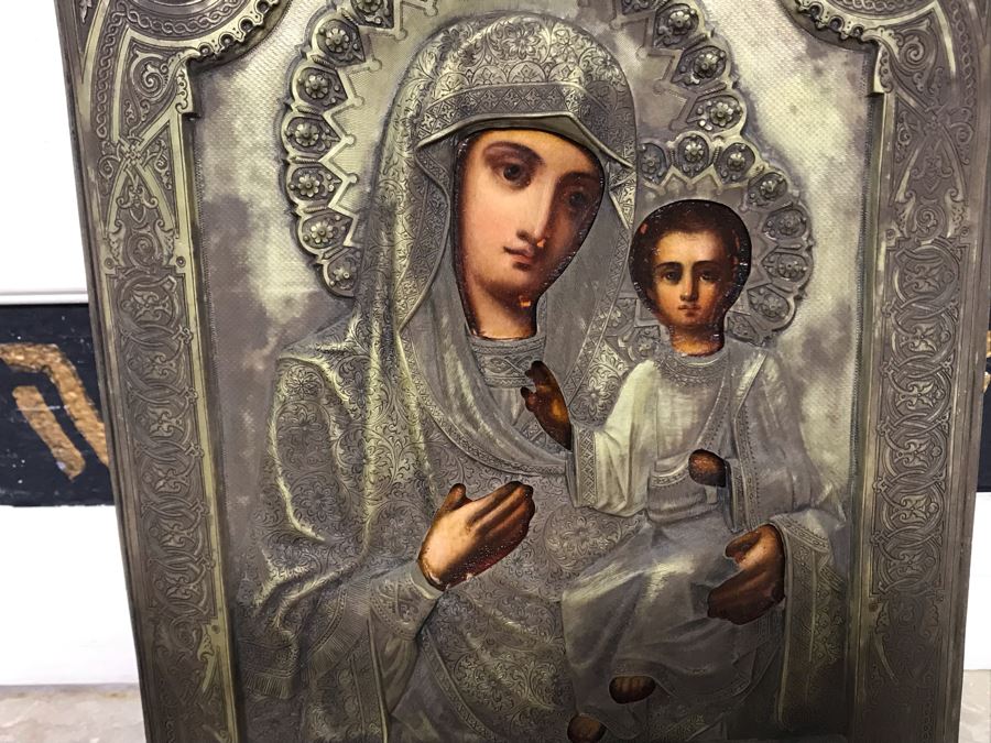 Antique Russian Orthodox Icon Of Virgin Mary With Jesus Handpainted Icon In Metal Riza Oklad 9 X 10.5 [Photo 23]