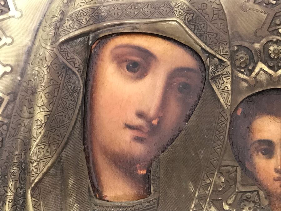 Antique Russian Orthodox Icon Of Virgin Mary With Jesus Handpainted Icon In Metal Riza Oklad 9 X 10.5 [Photo 20]