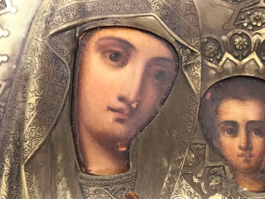 Antique Russian Orthodox Icon Of Virgin Mary With Jesus Handpainted Icon In Metal Riza Oklad 9 X 10.5 [Photo 19]