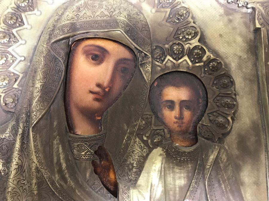 Antique Russian Orthodox Icon Of Virgin Mary With Jesus Handpainted Icon In Metal Riza Oklad 9 X 10.5 [Photo 17]