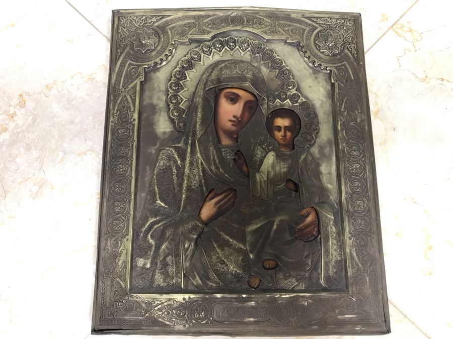Antique Russian Orthodox Icon Of Virgin Mary With Jesus Handpainted Icon In Metal Riza Oklad 9 X 10.5 [Photo 6]