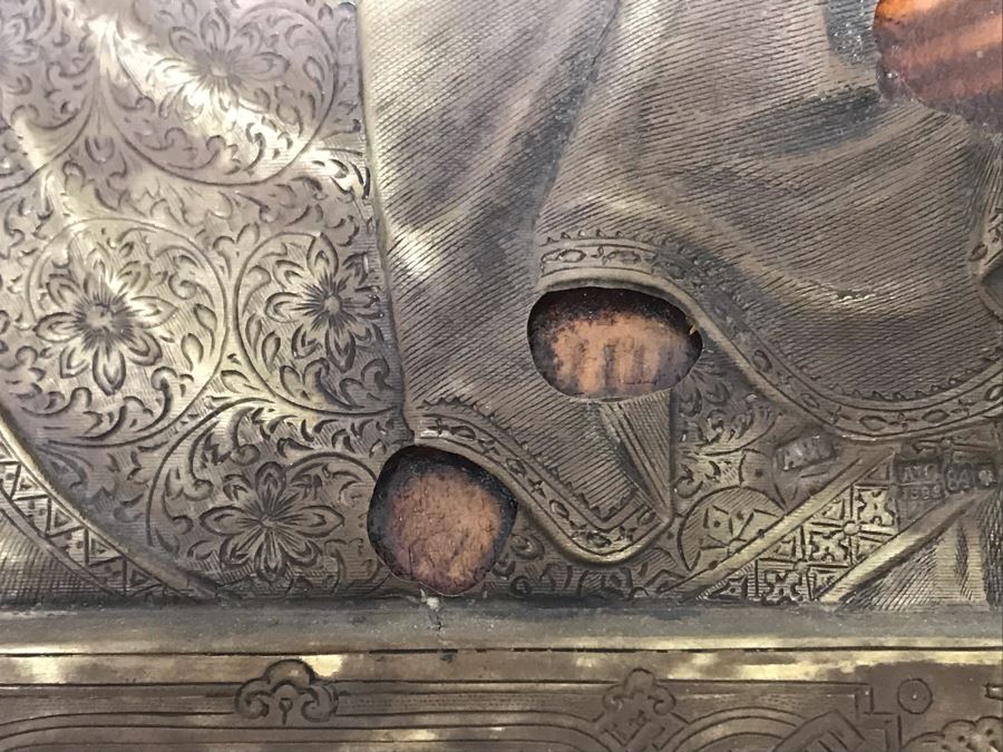 Antique Russian Orthodox Icon Of Virgin Mary With Jesus Handpainted Icon In Metal Riza Oklad 9 X 10.5 [Photo 14]